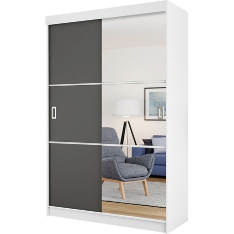 Armoire Dover 111, Blanc + Graphite, 205x138x60cm, Portes d'armoire: Coulissantes, Nombre d'étagères: 2, LED: Disponible