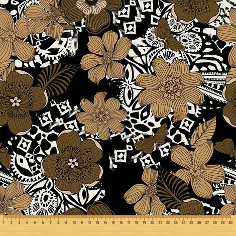 Tela decorativa para exteriores Oxford - motivo de flores marrones sobre fondo negro I DR048 (1/5)
