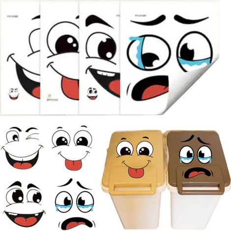 Autocollants pour poubelle extérieure , lot de 4 à expressions dessins animés amusants et bac déchet (1/5)
