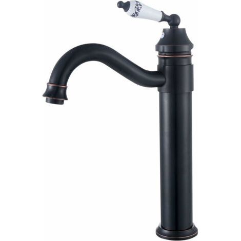 Robinet lavabo rétro noir haut – Mitigeur 360° en laiton – Type de vanne en céramique – Raccord G 3/8 pour installation facile (1/4)