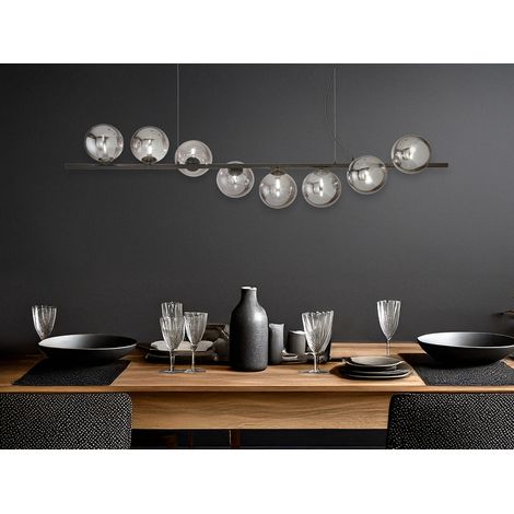 Große LED Pendelleuchte 8-flammig Schwarz-Glaskugeln Rauchglas, Breite 145cm