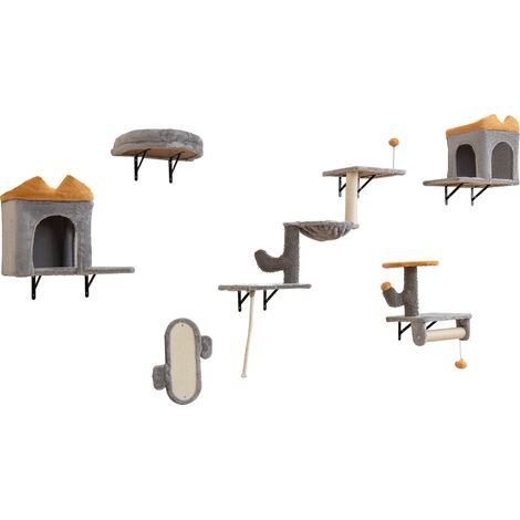 COSTWAY Wall-Mounted Cat Tower Set Space Saving Cat Tree Set w/2-Tier Platform (1/5)