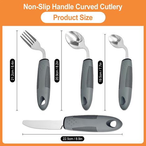 Spatule multifonctionnelle - Ensemble de vaisselle quatre pièces, aides, gris, couverts flexibles, adaptés aux personnes âgées. (1/4)