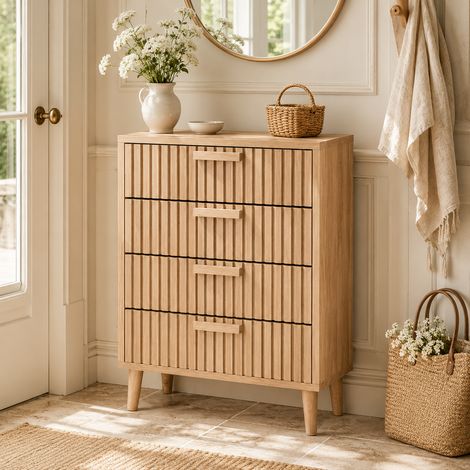 Commode à 4 tiroirs avec finition bois à rayures verticales - 60 x 34 x 91 - Bois de qualité - Structure solide - Pour salon/chambre à coucher - Style rustique