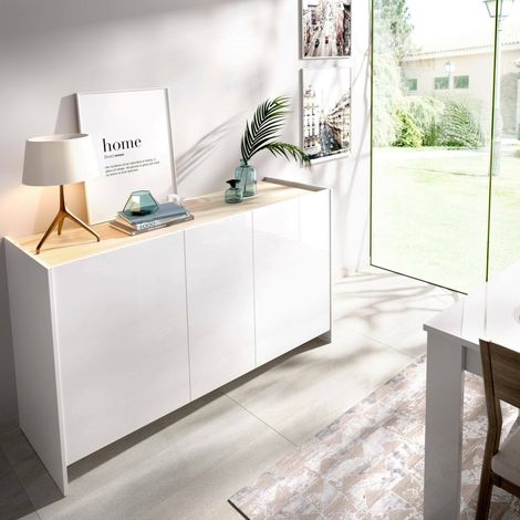 Dmora – Buffet moderne 138x42x76 cm – 3 portes en panneaux mélaminés blanc et chêne – Rangement élégant pour salon et salle à manger - 138x42h76 (1/5)