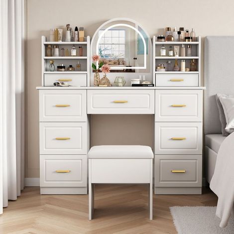 POCKETPOP Friseuse mit Spiegel und Hocker, mit LED-Beleuchtung, 9 Schubladen, für Salon oder Schlafzimmer, Weiß