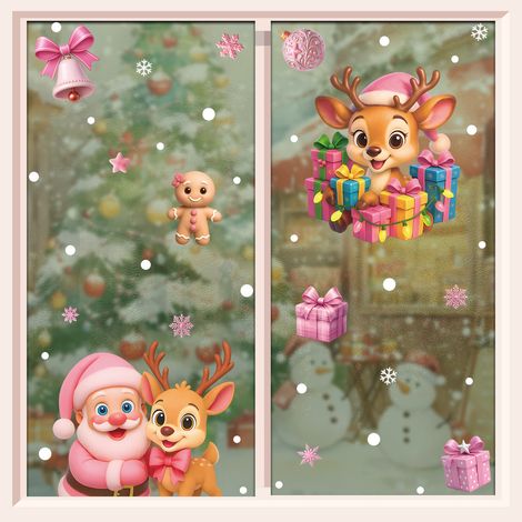 Autocollants décoratifs roses pour fenêtres, sapin de Noël, bonhomme de neige, autocollants pour fenêtres, cerf de Noël, flocons de neige, autocollants statiques