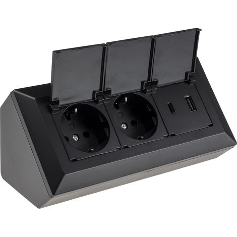 CHILITEC Bloc multiprise 23953, 2 prises, avec clapets de protection, USB-A+C, noir