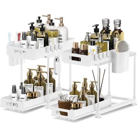 Étagère coulissante double couche pour évier, rangement cuisine métal blanc, organisateur sous-évier antidérapant gain de place