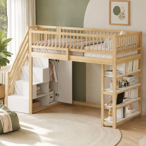 Hochbett 90 x 200 cm mit Stauraum, Kleiderschrank, Regalen und Leiter, HAVRYA (1/5)