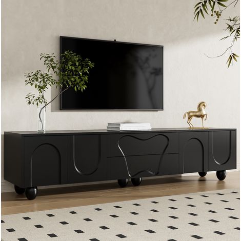 meuble tv rangement 180 cm noir bois massif 2 tiroirs OKMYHOME (1/5)