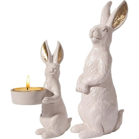 DN DECONATION Beige Osterhasen-Statue, 2-teiliges Set mit vergoldetem Tribut und Kerzenhalter, weißer Hase (Kerze nicht enthalten) -