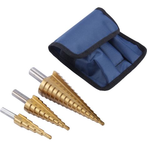 Jeu de 3 forets coniques étagés en acier HSS de grande taille, avec pochette de rangement bleue. (1/5)