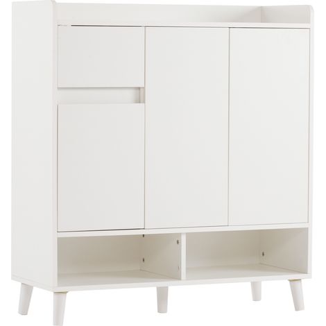 Credenza scarpiera bianca con ripiani regolabili e gambe in legno 90 x 35 x 99 cm (1/5)