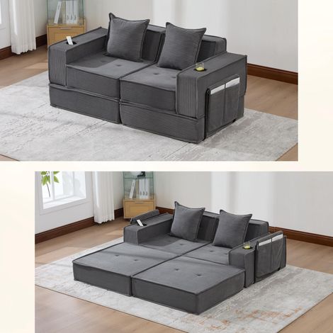 Canapé-lit moderne deux places avec un confortable canapé en tissu et deux coussins. Un pouf décoratif élégant avec rangement latéral et porte-gobelets, idéal pour les coins lecture, les salles de jeu