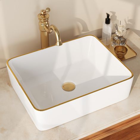 Vasque à poser rectangulaire céramique Blanc avec bordure dorée 48x37x14cm – Design moderne salle de bain DeerValley (1/5)