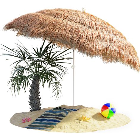 KINGSLEEVE® Hawaii Parasol  1.8m Height  1.6m Diameter  UV30+ Protection  Tiltable  Height-Adjustable  Ground Spike  Large Round Straw Raffia Tiki Umbrella  Garden Camping Beach  Ecru (1/7)