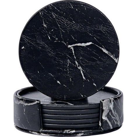 Ensemble de 6 sous-verres réversibles en polyuréthane avec motif marbre noir et support. (1/5)