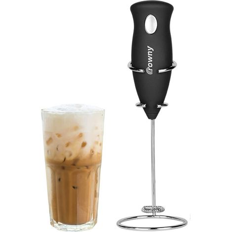 Portable AA electric milk frother, coffee mixer with whisk and stand, black stainless steel
