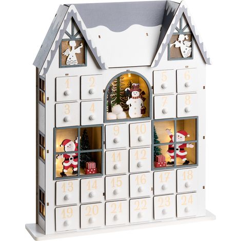 Decoración de Navidad LED figurita en forma de casita de madera calendario de Adviento blanco Femund
