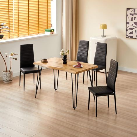Brown Wooden Dining Table with 4 Black Chairs - Dining Kitchen Room Furniture