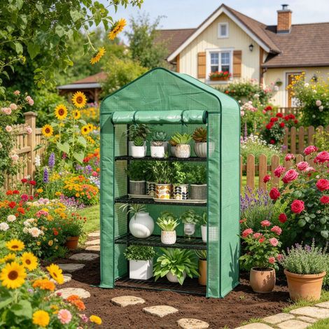 Serre à 4 niveaux pour jardin et balcon, acier galvanisé, bâche amovible en polyéthylène haute densité vert (1/5)