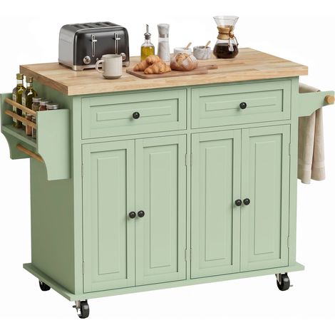 HOMCOM Rolling Kitchen Island Cart with Rubber Wood Top, Spices, Light Green (1/5)