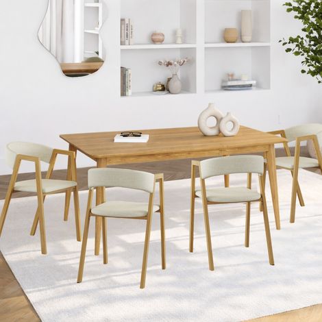 Lote de 4 sillas CAMILLE de tela beige y metal efecto madera con reposabrazos (1/5)