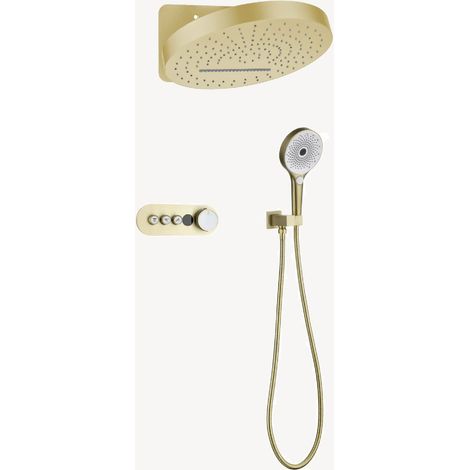 Pack mitigeur thermostatique de douche encastrée pommeau pluie et cascade - Doré brossé