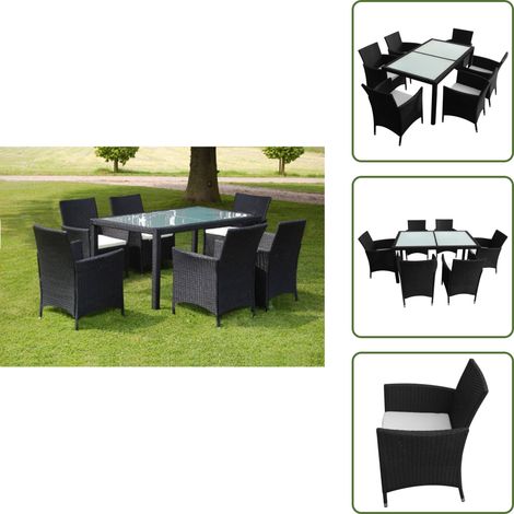 The Living Store Set da Pranzo da Giardino 7 pz con Cuscini in Polyrattan Nero - Tavolo da pranzo da esterno