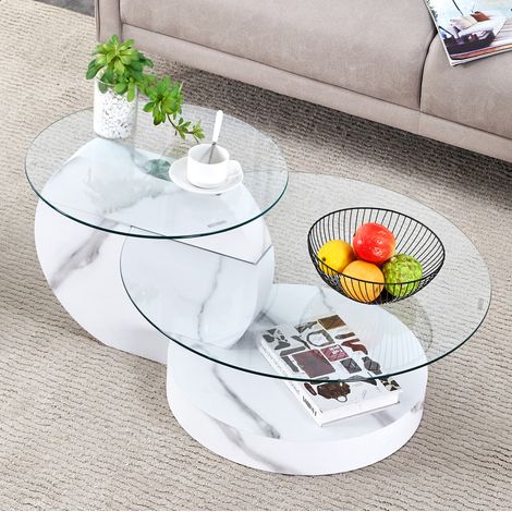 Tavolino a due livelli con piano in vetro temperato (50/70 cm) e ripiano in MDF effetto marmo - bianco (1/5)