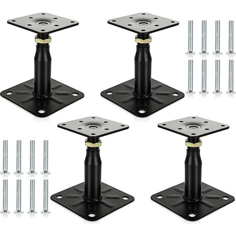 Lot de 4 supports de base de poteau surélevés réglables galvanisés de 100 à 150 mm, support de toit robuste pour bâtiment – Noir (1/5)