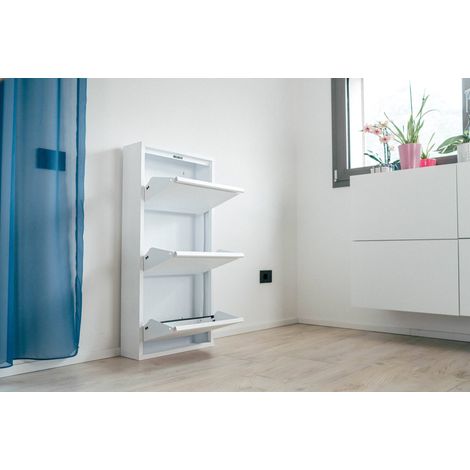 Dmora Zapatero de metal con tres puertas con solapa, color blanco, Medidas 50 x 103 x 15 cm (1/5)