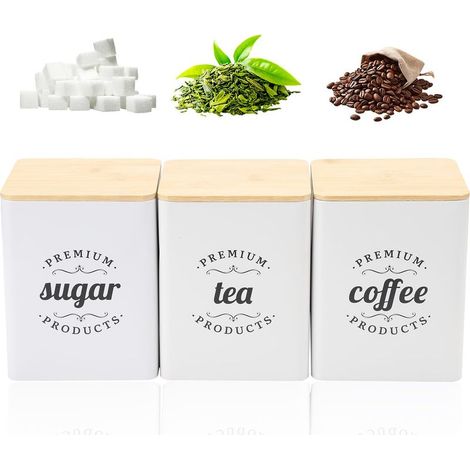 Lot de 3 Cuisine Boîtes de Rangement, 1300ml Boite Hermetique Alimentaire avec Couvercles en Bois, pour Ranger Vos Sachets de Thé, Cubes de Sucre et Grains de Café (1/5)