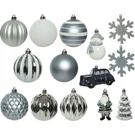 Juego de 25 adornos navideños, plástico, plateados, surtidos, 8 cm