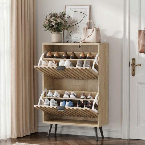 Zapatero con dos compartimentos abatibles, diseño acanalado, MDF y aglomerado color roble (1/5)