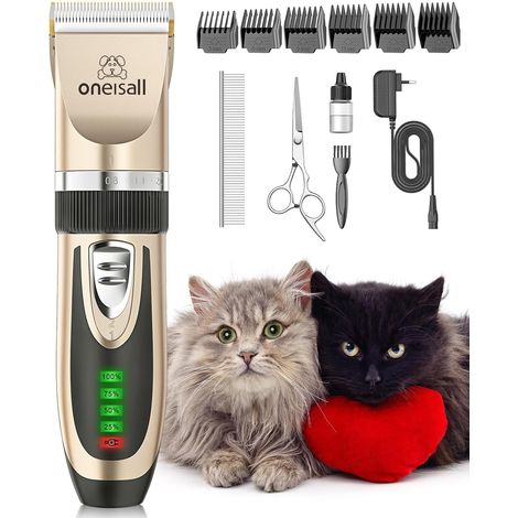 Tondeuse pour chats silencieuse pour poils longs noeud et emmêlés Kit de toilettage à 2 vitesses, Tondeuse à cheveux sans fil et silencieuse pour chiens, affichage LCD, rechargeable, 6 guides (1/5)