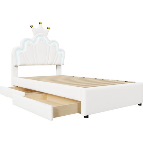 Cama infantil tapizada 90 x 200 cm con luz LED y 2 cajones, cabecero ajustable, blanca (1/5)