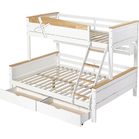 Litera infantil con molino, estantes y cajones, pino y MDF, blanco/natural, 90x200 y 140x200 (1/5)