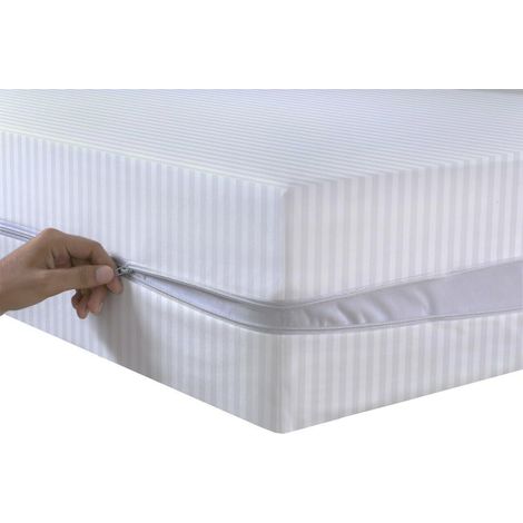 Protège-matelas en satin à rayures avec fermeture éclair double face - Housse complète anti-punaises de lit - Housse de matelas de 30 cm de profondeur avec fermeture éclair - Blanc - Super king size (1/5)