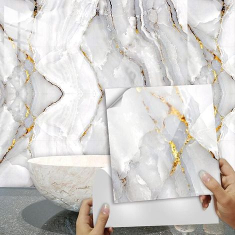Adhesive Kitchen Splashback 30x30 Gold Marble Kitchen Stickers, Wall Stickers, Kitchen Tiles, Adhesive Wall Stickers, Bathroom Stickers, Adhesive PVC Wall Tile (10 Pieces) (1/5)
