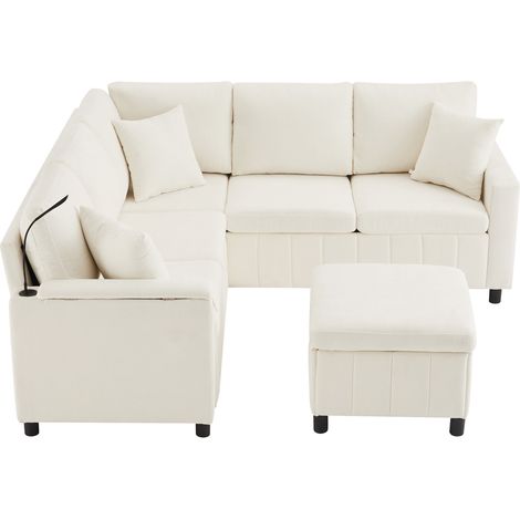 Canapé d'angle convertible en tissu chenille beige avec pouf, lampe, ports USB & Type-C, table escamotable 205x205x85 cm (1/5)