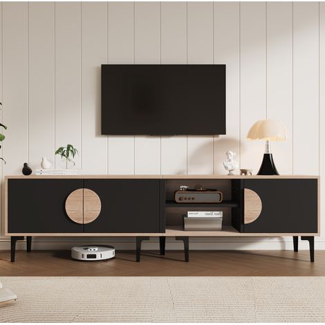 Meuble TV en panneaux de particules noir et chêne 180 x 35 x 49 cm, 3 portes, 2 niches ouvertes, jusqu'à 80 pouces (1/5)