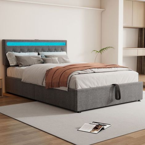Cama Tapizada 140x190 cm con LED y USB, Cama Doble con Almacenamiento Bajo Cama, Cama Cofre, Cama de 2 Personas en Lino Gris