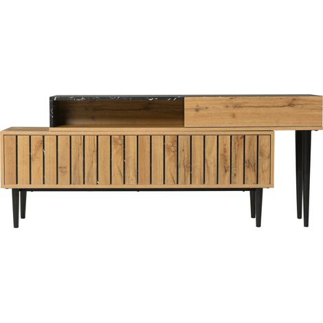 Meuble TV en bois imitation marbre avec pieds en fer, couleur bois foncé, rangement spacieux (1/5)
