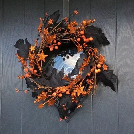 Guirlande de porte fantôme de feuille noire de simulation d Halloween guirlande de porte d entrée d Halloween européenne et américaine cercle de décoration de porche de maison hantée (1/4)