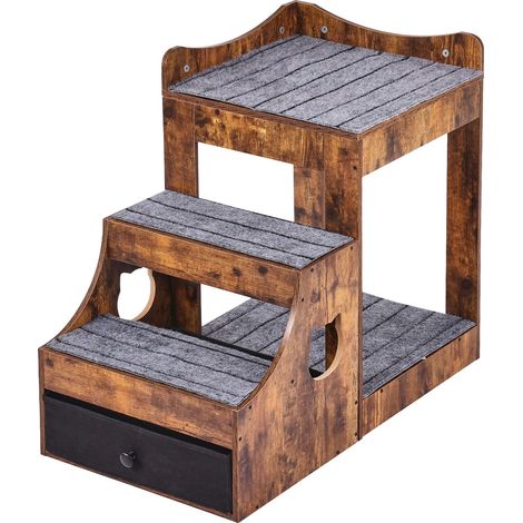 LIT SUPERPOSÉ POUR ANIMAUX AVEC ESCALIER AMOVIBLE, NICHES FENÊTRE ET RANGEMENT, COUSSIN MULTI-NIVEAUX POUR CHIEN/CHAT, PLATEFORME DE REPOS INTÉRIEURE, BRUN RUSTIQUE (1/5)