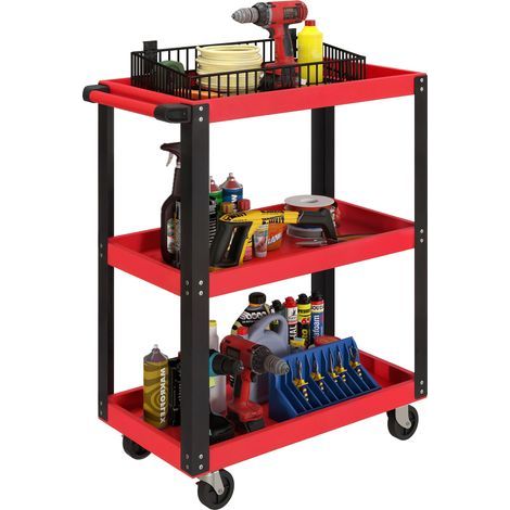 Chariot à outils HOMCOM à 3 niveaux, structure métallique, capacité de charge de 120 kg, roues, poignée, rouge (1/5)