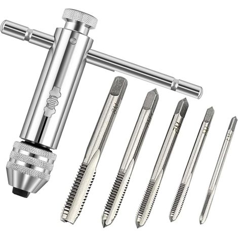 6-teiliges Ratschengewindebohrer-Set mit verstellbarem T-Griff M3 M4 M5 M6 M8 mit T-Griff und Werkzeughalter