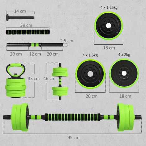 Set de 4 en 1 haltères 20 kg, poids réglables avec barre longue, kettlebell et poignées de pompes, vert, pour musculation à domicile (1/5)